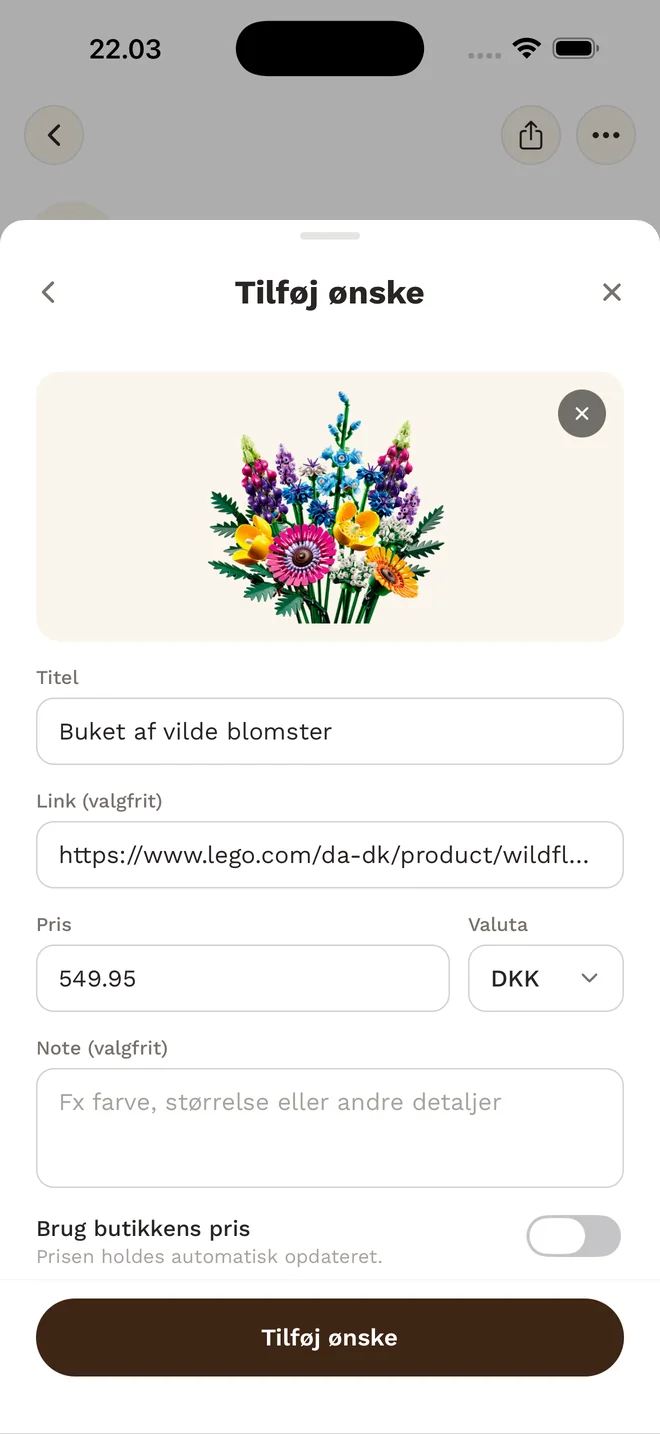 Adding a wish in the app, with the image, title, link and price filled in.