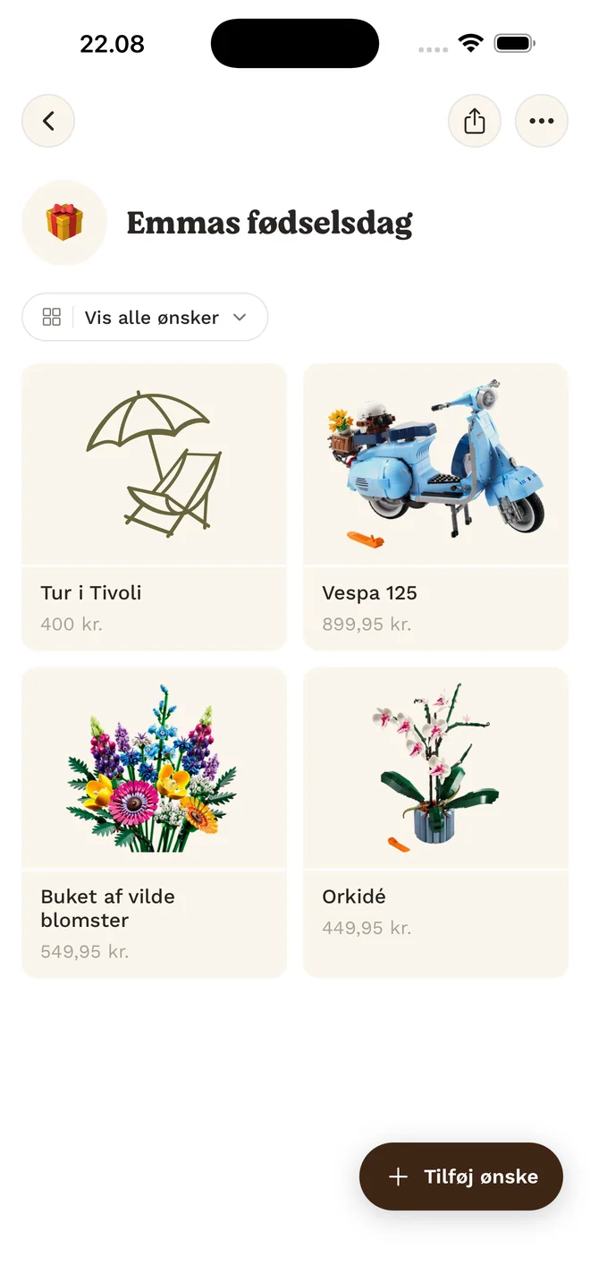 A wishlist in the app, showing four wishes as a grid.