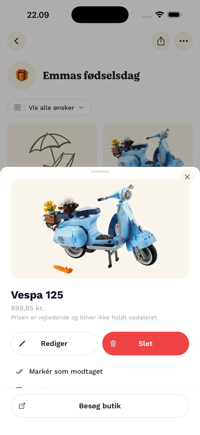A wish opened in the app, with edit, delete and visit-shop actions.