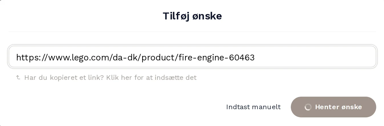A LEGO product link pasted into the add-wish field while the wish is being fetched.