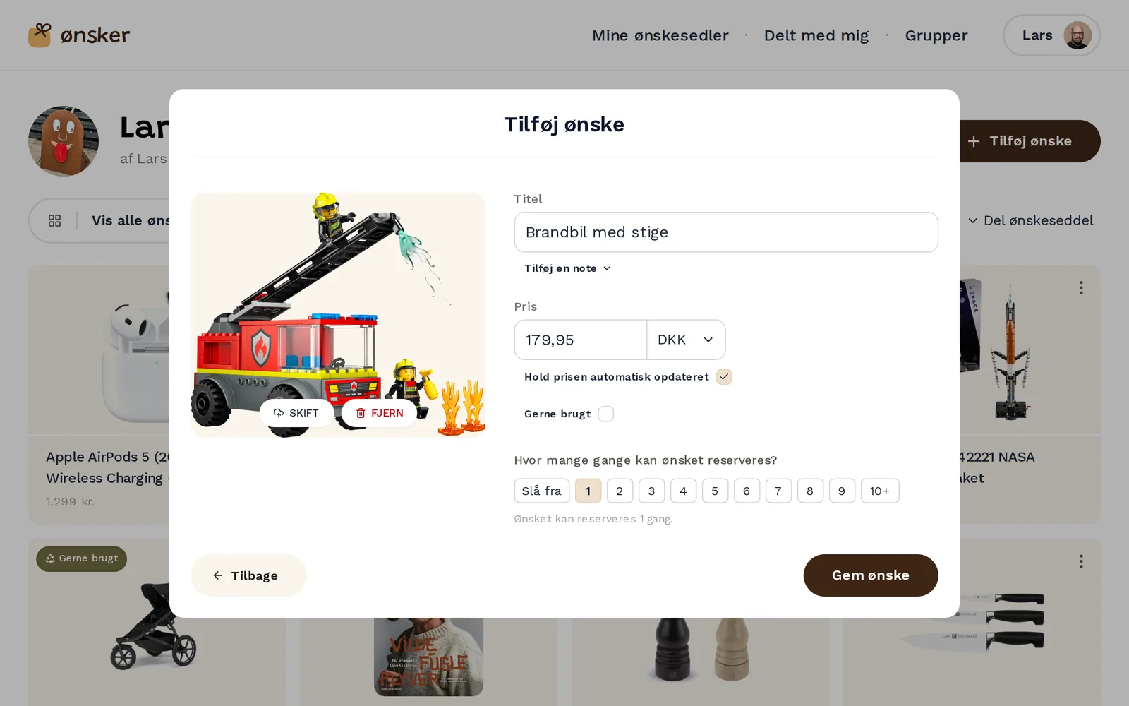 The add-wish dialog with a LEGO fire engine’s image, title and price fetched from a pasted link, plus options for price updates, second-hand and how many times it can be reserved.
