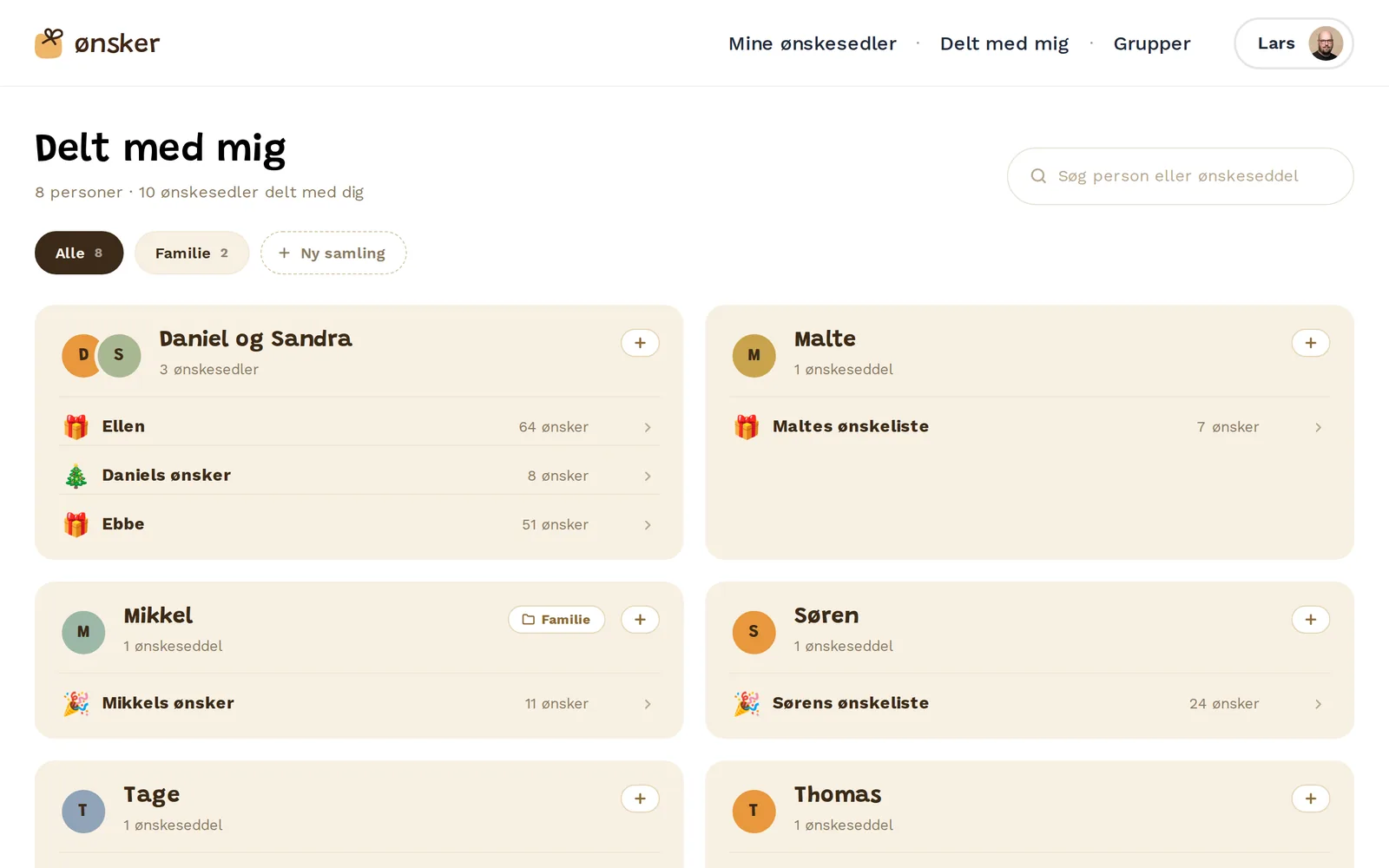 The Shared with me page: wishlists from family and friends grouped by person, filterable by a Family collection.