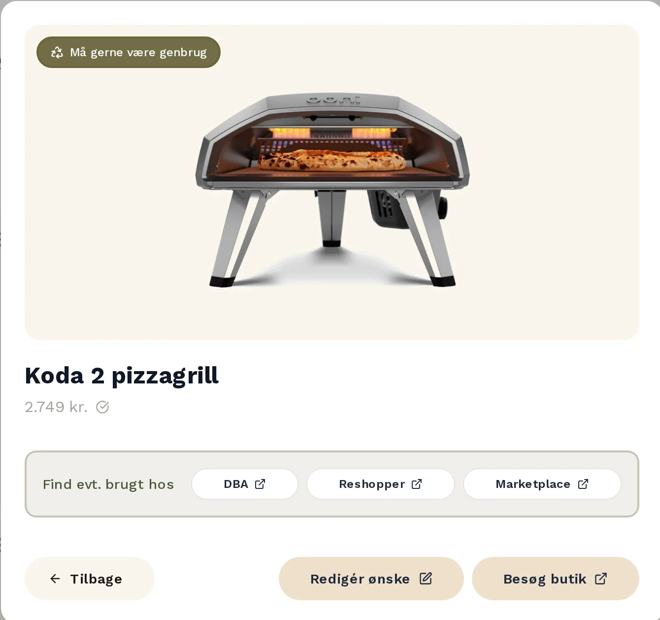 A wish marked as happy with second-hand, with links to search for it on DBA, Reshopper and Marketplace.